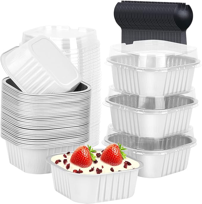 LNYZQUS 10oz Disposable Ramekins With Lids 40 Pack, Aluminum Foil Jumbo Cupcake Pan, Square 4”X4” Mini Cake Pan Browni Baking Cups Muffin Tin Dessert Cups For Wedding Party-White