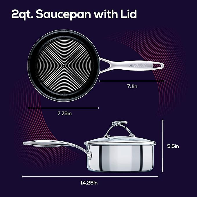 Circulon Clad Stainless Steel Saucepan with Glass Lid and Hybrid SteelShield and Nonstick Technology, 2 Quart - Silver