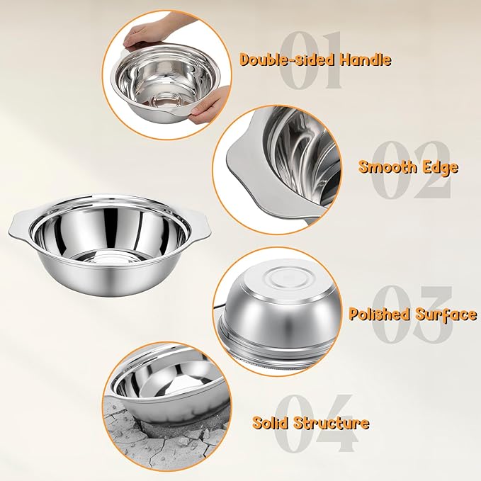 7Pcs Stainless Steel Colander Set, Rice Strainer with Mixing Bowl, 3/4/5QT Large Capacity Microporous Colander with Handle, Mesh Strainer for Washing and Draining Vegetables, Fruit, Dishwasher Safe
