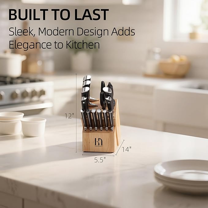 Knife Set with Block, Japanese 15 PCS Ultra Sharp Ktichen Knives Set, High Carbon Stainless Steel Knife Block Set with Sharpener, Professional Knives with Ergonomic Handle for Home Chefs