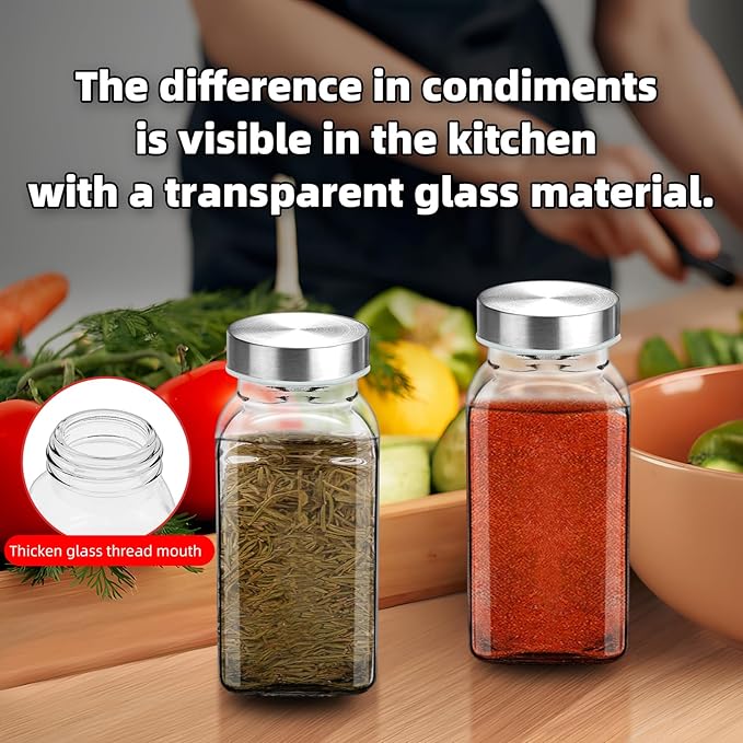2Pcs 6oz Glass Spice Jars 304 Stainless steel Lids with Shaker Lids, Spice Jars Trial Set & Supplement Set, Empty Spice Containers and Square Spice Bottles for Kitchen (2)