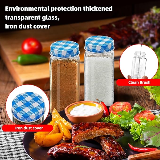 2Pcs 4oz Glass Spice Jars with Shaker Lids, Spice Jars Trial Set & Supplement Set, Empty Spice Containers and Square Spice Bottles for Kitchen (Blue grid iron Lids)