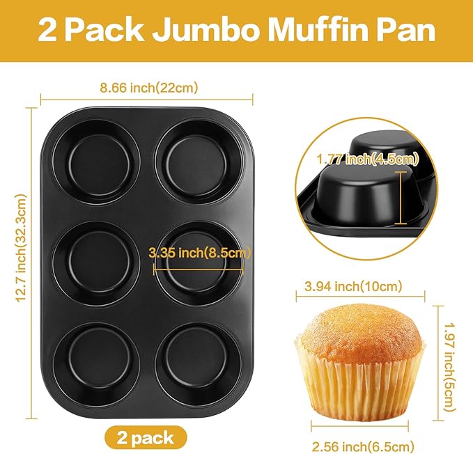 Jumbo Muffin Pan 6 Cup, 2-Pack Nonstick Extra Large Muffin Tin for Baking, Durable Non-Toxic Carbon Steel, 3.35'' Diameter, 1.77'' Deep Muffin Mold, Deep Cup Design