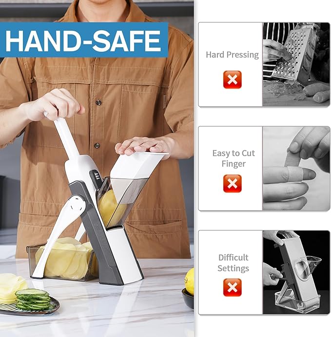 Safe Mandoline Slicer for Kitchen, Vegetable & Food Cutter, Thickness Adjustable 0.1-8 mm. Easy to Clean, Storage, Kitchen Faster Slice Artifact (Only Slice, Gray)