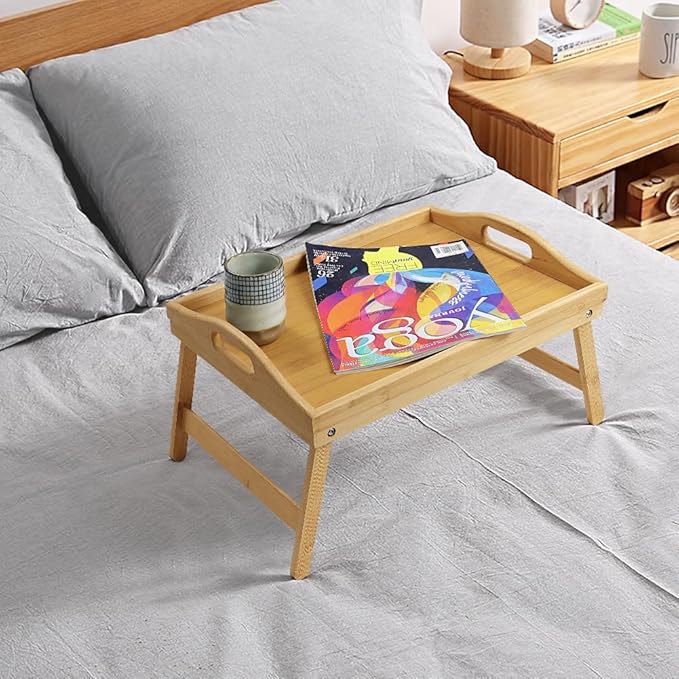 Bamboo Bed Tray Table with Folding Legs Set of 2 Foldable Breakfast Tray Portable Serving Table Laptop Snack Drawing Breakfast Trays for Bed (Set of 2)