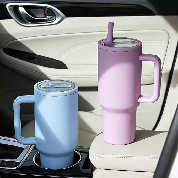 40 oz Insulated Tumbler with Handle,Flip Straw,Lid & Rubber Base Stainless Steel Water Bottle - Leak Proof Vacuum Insulated Mug BPA Free Reusable Travel Cup Gifts for Women/Men (Dark purple)