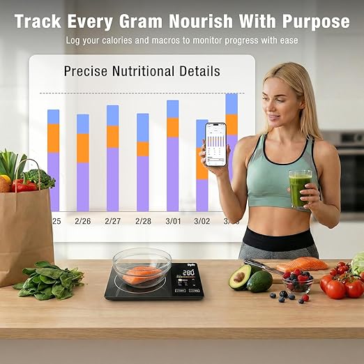Smart Nutrition Food Scale with 2" TFT Display, Diyife Kitchen Scale with Nutritional Calculator, Calorie, Fat, Carb, Protein Tracking, 50 Food Preload, Support for App Customization, Battery-Powered