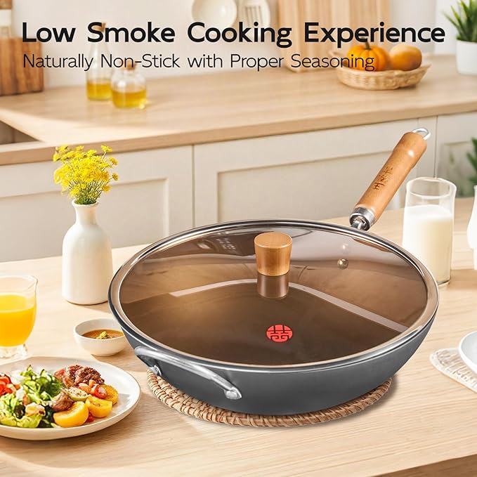WANGYUANJI 13.4" Heavy Duty Carbon Steel Wok (Seasoning Required), Large Refined Iron Stir Fry Pan for 3-5 People, Uncoated Flat Bottom Induction Wok, Durable Cookware