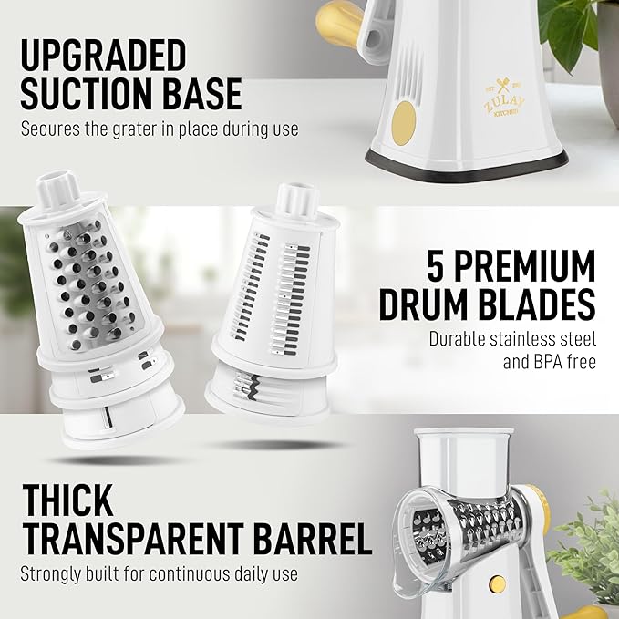 Zulay Kitchen Rotary Cheese Grater 5 Blade Cheese Shredder - Manual Hand Crank Cheese Grater With Reinforced Suction & 5 Interchangeable Drums - Easy to Use, Vegetable Chopper Round Mandoline Slicer