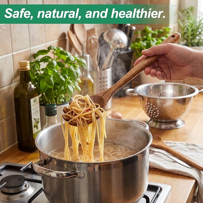 Wooden Ladles for Cooking, 2-Piece Soup Ladle & Pasta Spoon Set, Natural Teak Wood Soup Ladle and Slotted Spaghetti Spoon for Cooking, Serving and Stirring