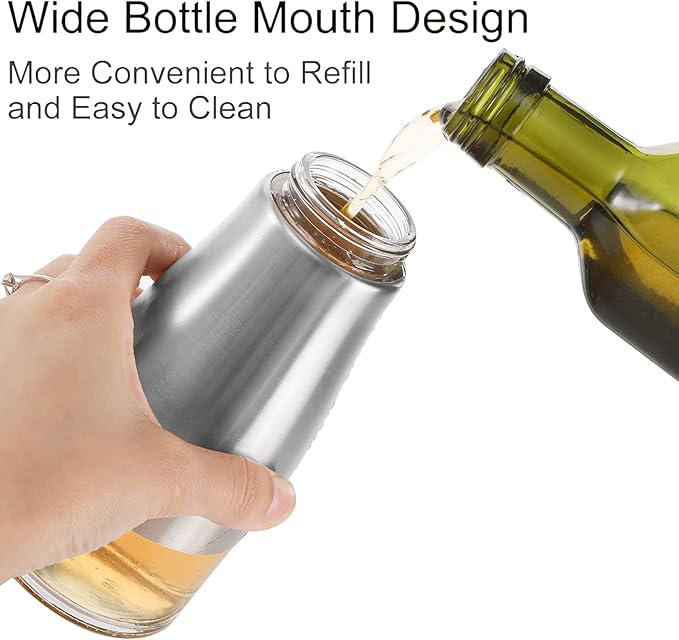 Tebery 2 Pack Silver Olive Oil and Vinegar Dispenser Set, 10OZ Oil Dispenser Cruet with Easy & Drip Free Pouring, Elegant Stainless Steel with Glass Bottom