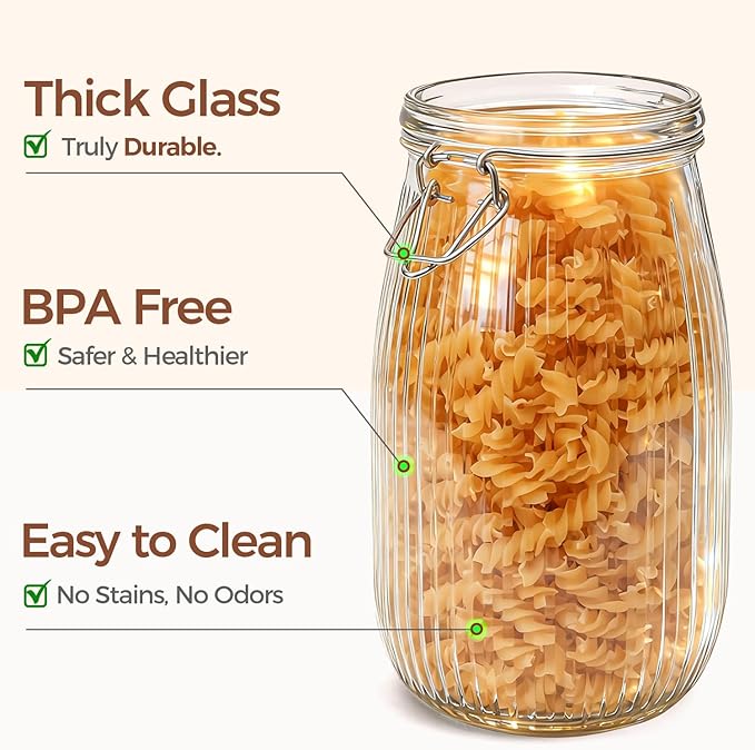 ComSaf 3pcs 50oz Ribbed Glass Jars with Airtight Clamp Lids, Large Vintage Canisters for Flour, Sugar Storage & Fermenting, Wide Mouth for Pantry Organization & Countertop Decor