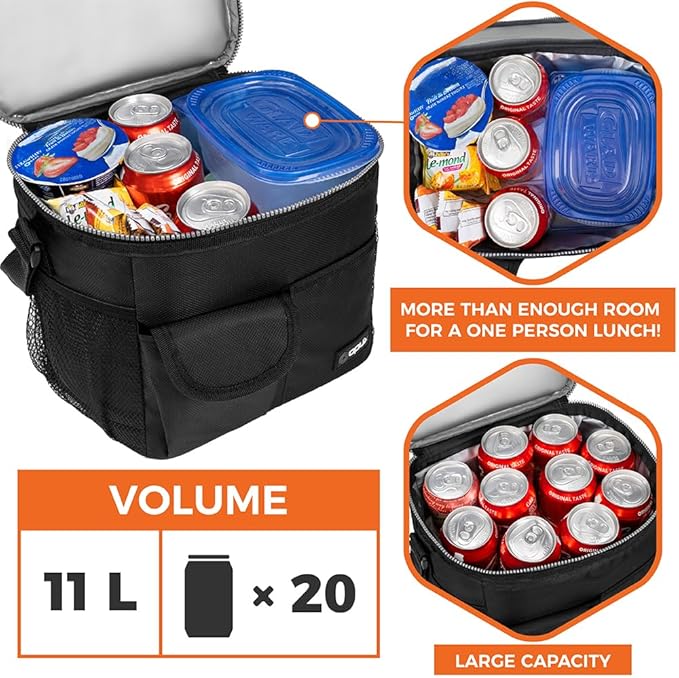 opux Insulated Lunch Bag for Men Women, Leakproof Black Lunch Box for Work, Portable Soft Lunch Cooler Bag with Shoulder Strap, Adult Lunchbox Lunch Pail for Kid Boy Girl School, 18 Can/10L