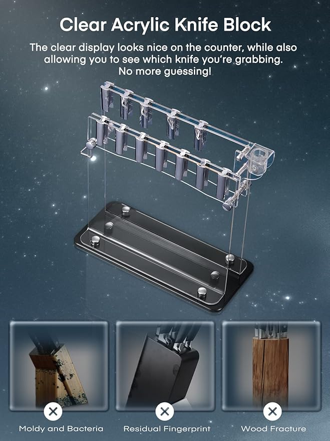 D.Perlla Knife Set, 14 Pieces Kitchen Knife Set with Clear Acrylic Knife Holder, Stainless Steel Super Sharp Chef Knife with Hollow Handle in One Piece Design