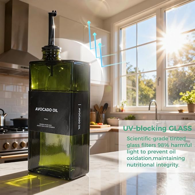 Olive Oil Dispenser Bottle For Kitchen, 17OZ UV-Blocking Oil And Vinegar Dispenser Set Of 2, Soy Sauce Cooking Oil Dispenser with 2 Stainless Steel Pourers & 44 Labels