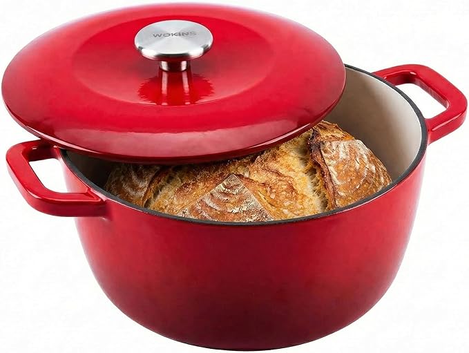 7QT Enamel Cast Iron Dutch Oven with Lid,Dual Handles,Versatile Heavy-Duty Non-toxic Cookware for Sourdough Bread Baking,Braising,Stews,Roasting,Oven Safe up to 500°F red