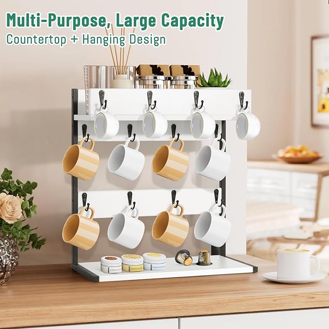 Coffee Mug Rack Holder Wall Mount – 2 Tier Mug Rack Stand with Storage Base for 12 Cups for Kitchen, Dining Room Counter Organizer, Coffee Bar Decor Accessories