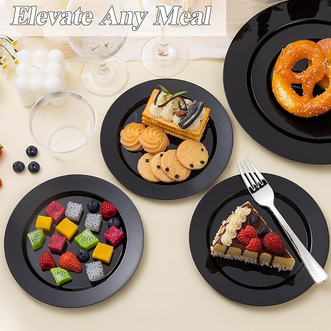 BESTSTAR 200PCS Black Plastic Plates Set, 100 10.25 inch Dinner Plates and 100 7.5 inch Dessert Plates, Premium Disposable Plates for Party, Wedding