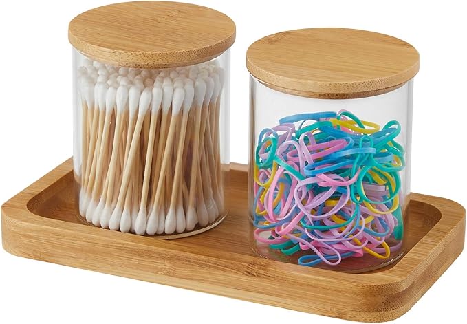 Qtip Holder with Bamboo Vanity Tray, Glass Apothecary Jars with Lids, Cotton Ball Swab Pad Rounds Holder Bathroom Canister Jars for Bathroom Restroom Decorations and Organizer