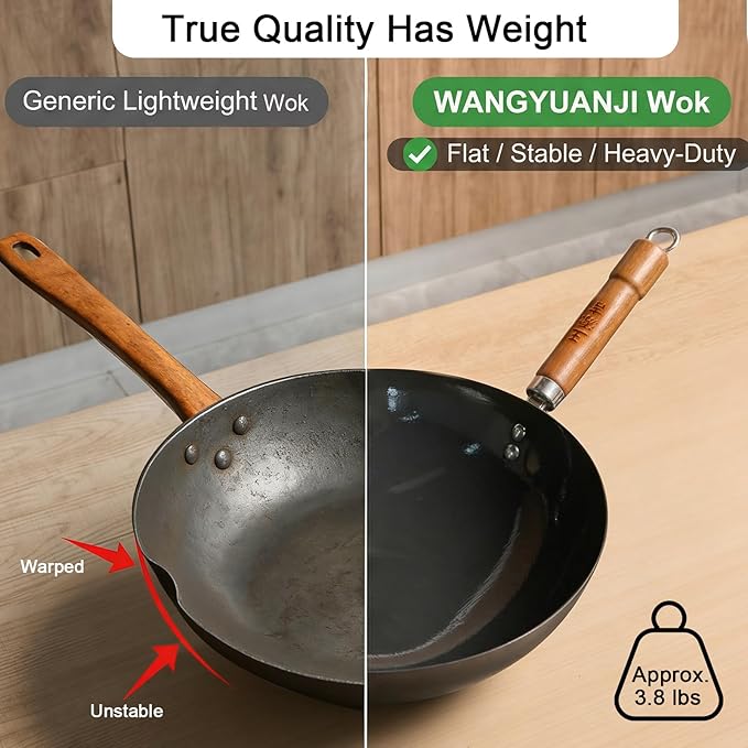 WANGYUANJI Carbon Steel Wok Pan, 13.4" Woks & Stir-Fry Pans with Glass Lid No Chemical Coated Flat Bottom Iron Wok for Induction, Electric, Gas, Halogen All Stoves