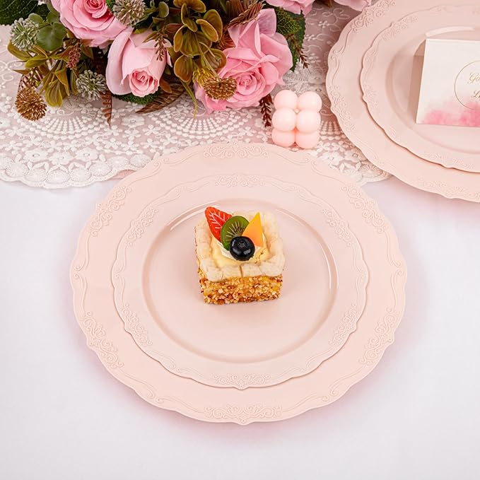 U-QE 100PCS Mauve Pink Plastic Plates for Party - Plastic Plates Disposable Heavy Duty - Pink Easter Plates for Party Including 50PCS 10.25'' &50PCS 7.5''