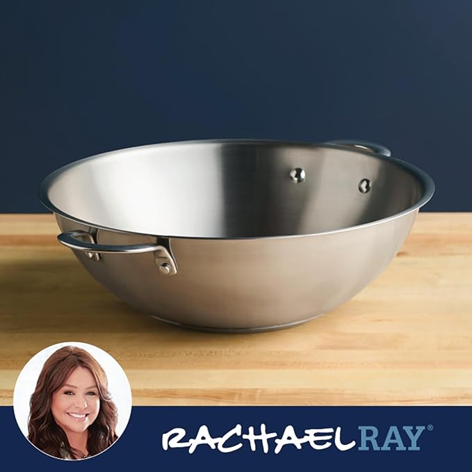 Rachael Ray Professional Stainless Steel Wok/Stir-Fry Pan, Compatible with All Cooktops, Induction Ready, Dishwasher and Metal Utensil Safe, 14 Inch - Stainless Steel