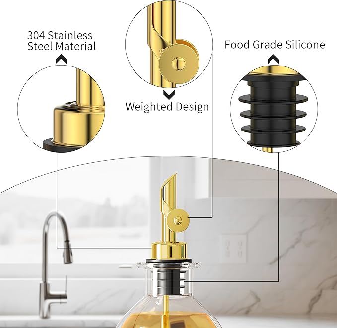 Auto Flip Liquor Pour Spouts 6-Pack, Leak-Proof 304 Stainless Steel Wine Pourer & Olive Oil Dispenser with Food-Grade Silicone for Kitchen, Bar, Restaurant (Gold)