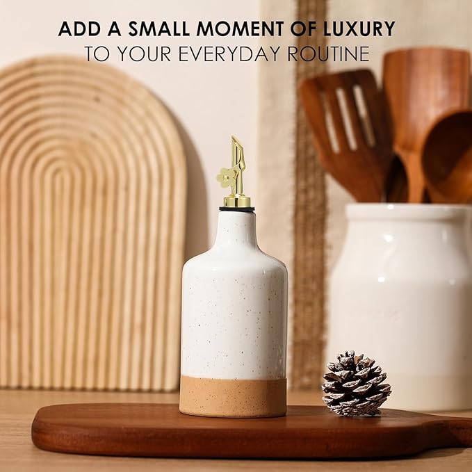 HOMCDALY Ceramic Olive Oil Dispenser Bottle, 16oz Oil Dispenser Bottle for Kitchen, Oil Container, Kitchen Dispenser for Oil Vinegar Syrups(White&Brown