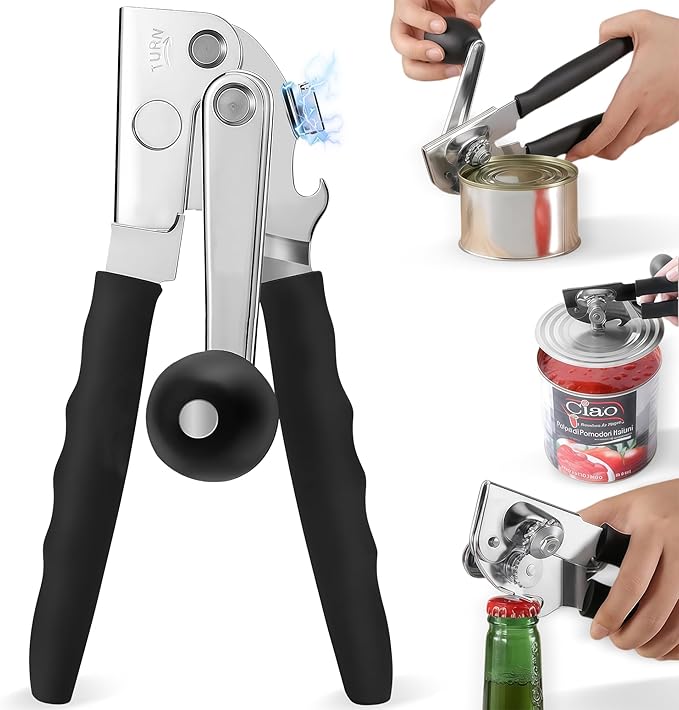 Commercial Heavy Duty Manual Can Opener for Seniors & Arthritis, Stainless Steel with Magnetic Lid Lifter, Smooth Edge Safe Cut, Open for Large Cans, Kitchen & Camping & Commercial with Bottle Opener