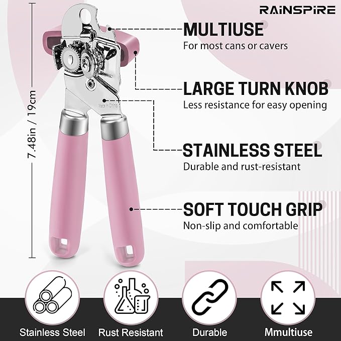 Rainspire Can Opener Manual Handheld Strong Manual Can Opener Smooth Edge Cut, Can Opener Heavy Duty, Comfortable Soft Handle, Built-in Bottle Opener, Pink