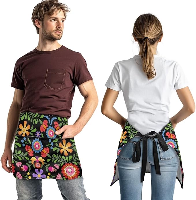Server Waitress Waist Apron with 3 Pockets, Short Aprons for Servers,Waiter Apron For Waiter Accessories