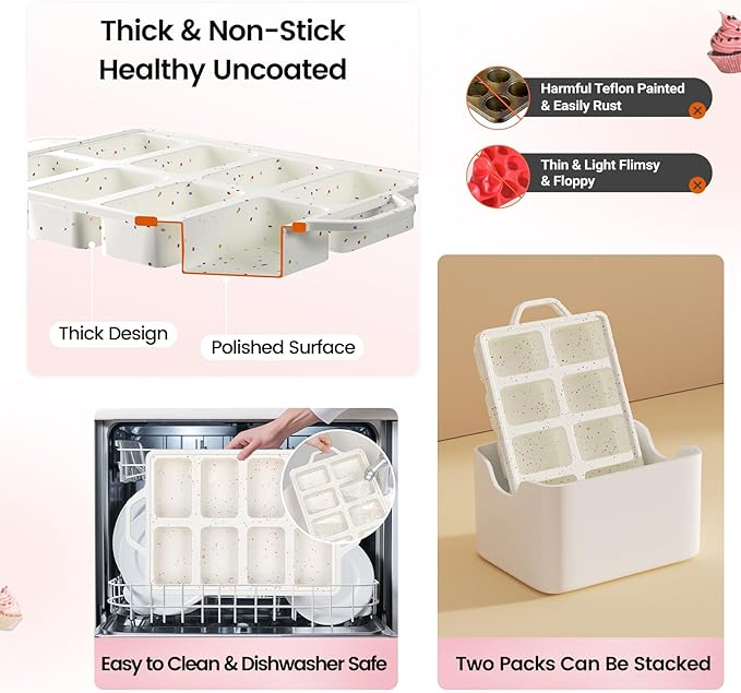SJ Silicone Mini Loaf Pans with Metal Reinforced Frame-1 Pack, Non-stick Silicone Mini Bread Loaf Pans for Baking 8-Cavity, Tiny Banana Bread Set, Dishwasher Safe Brownie Pan-Cream