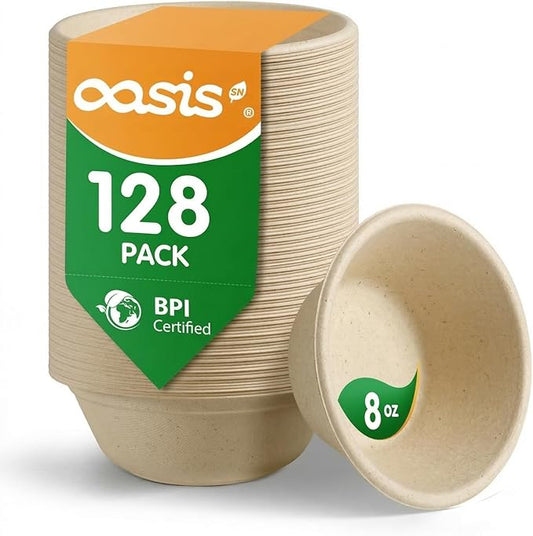 8 oz 128-Pack Compostable Paper Bowls, Small Disposable Dessert & Snack Bowls, Heavy-Duty Bagasse Bowls for Ice Cream, Sauce & Kids Meals, Microwave & Freezer Safe, Eco-Friendly (Natural)