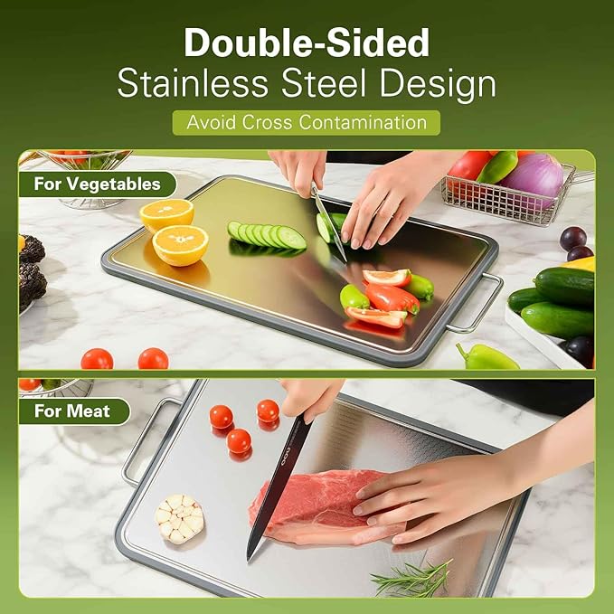 Stainless Steel Cutting Board 16''×11'', Double Sided 304 Steel Cutting Board for Meat, Vegetables & Fruits, Heavy Duty Rust-Resistant Chopping Board for Kitchen with Juice Groove on Both Sides