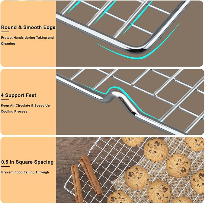 15.8”×9.8” Cooling Rack - 3P Stainless Steel Baking Rack, Oven Safe Cooling Racks for Cooking and Baking, Silver Roasting Rack & Wire Rack & Cookie Cooling Rack for Roasting, Grilling