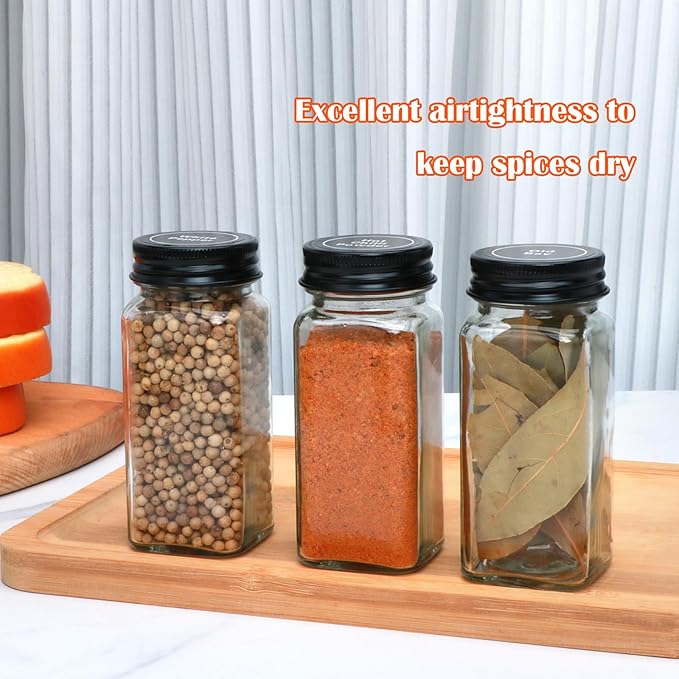 24pcs Spice Jars with180 Labels,Glass Spice Jars, Seasoning Containers,Seasoning Organizer,Include black metal lid, pen, grinder, stainless steel funnel, two type inner plugs