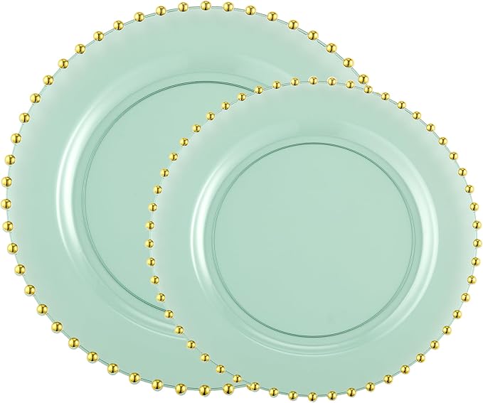 PLASTICPRO 64 Piece Combo Plastic Dinner Plates Disposable Plastic Fancy Heavy Duty Party Dishes 7 inch and 10 inch, Translucent Green and Gold Beaded
