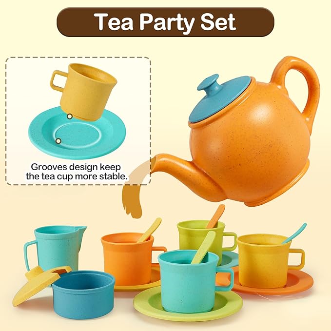 Buyger Kids Kitchen Accessories and Tea Set for Toddlers 3-5, Play Kitchen Toy Dish Plates Utensils Dinnerware Set Pretend Role Play Gifts for Ages 3 4 5 Years Olds Children Boys Girls