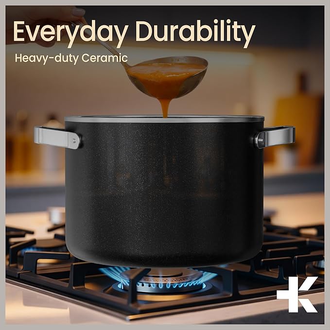Bakken 8.5 Quart Ceramic Coated Stock Pot with Lid, Easy Clean Nonstick Pot, Tempered Glass Lid, Riveted Stainless Steel Handles, Oven Safe Up To 500°F, PTFE & PFAS Free, All Stove Compatible, Black