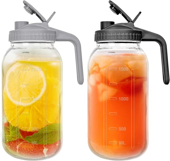 2 Pack 64 oz Glass Pitchers with Lid,2 Quart Sun Tea Glass Jars for Outside,Half Gallon Wide Mouth Mason Jar Pitchers with Convenient Handle and Leak-Proof Design for Ice Tea，Breast Milk，Iced Coffee