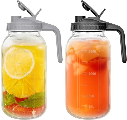 2 Pack 64 oz Glass Pitchers with Lid,2 Quart Sun Tea Glass Jars for Outside,Half Gallon Wide Mouth Mason Jar Pitchers with Convenient Handle and Leak-Proof Design for Ice Tea，Breast Milk，Iced Coffee