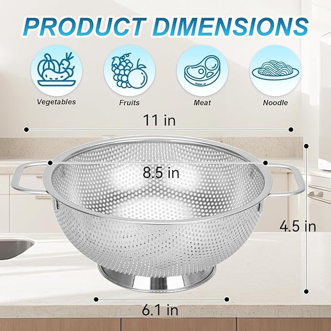 304 Stainless Steel Colander, Micro-Perforated 3-Quart Strainer with Base, Dishwasher Safe. Great for Pasta, Noodles, Vegetables & Fruits