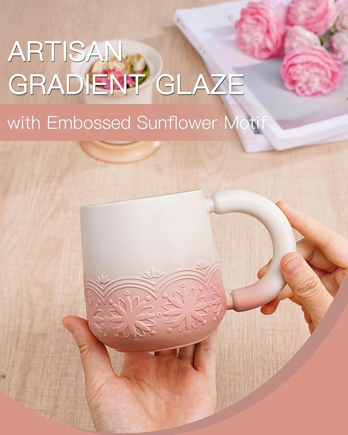 ZENS Tea Cup with Infuser and Lid for Loose Leaf Steeping, 11oz Embossed Ceramic Tea Infuser Mug, Wood Lid Tea Diffuser for Black Tea Lovers Gifts, Pale Pink