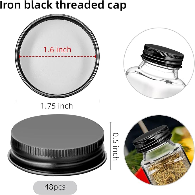 48 Pcs iron Jar Lids Lids for 4 oz and 6 oz Square Spice Jars Reusable Can Airtight Spice Storage Canning Lids for Nice Sealing Kitchen (Black)