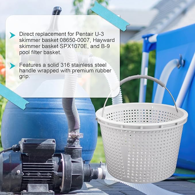 8" Pool Skimmer Basket for Inground Pool, Compatible with Pentair U-3 Skimmer Basket 08650-0007 and Hayward SP1070 Pool Basket, with Stainless Steel Handle, Built-in Brass Weight, Rubber Grip