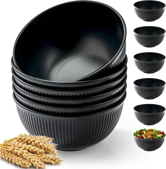 6 Pcs 24 oz Unbreakable Cereal Bowls, Reusable Plastic Lightweight Bowls, Made from Wheat Straw Fiber, Ideal for Salads, Soups, Ramen, Noodles (Carbon black, 24OZ)