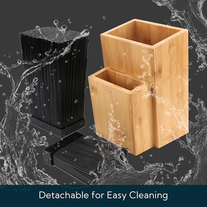 Bamboo Universal Knife Block, Extra Large Two-tiered Slotless Bamboo Knife Stand Organizer Holder, Convenient Safe Storage for Knives & Utensils, Detachable Bristles for Easy Cleaning -by KITCHENDAO