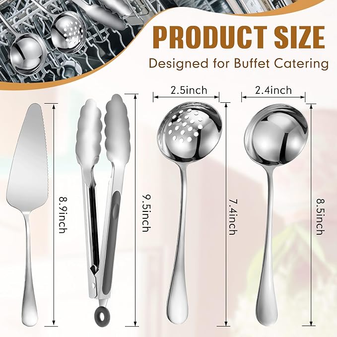 19 Pieces Serving Flatware Set Including Stainless Steel Spatulas, Forks, Spoons, Perforated, Soup, Skimmers Spoon, Buffet Tongs, Heavy Duty Serving Tongs for Home(Silver)