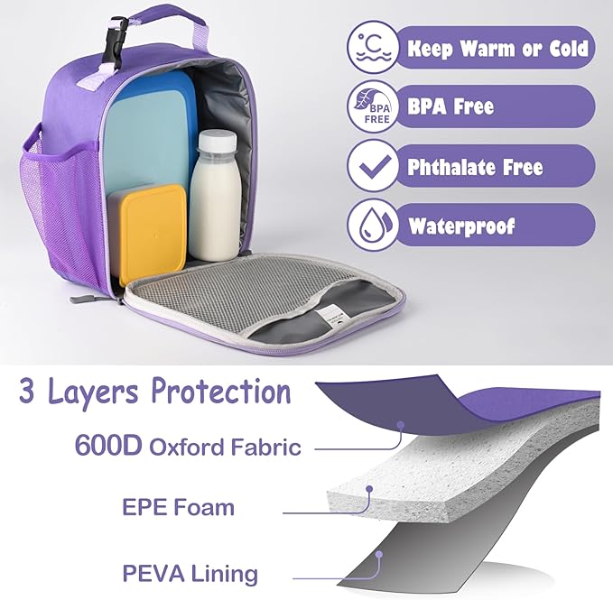 Lunch Box Kids,Premium Insulated Lunch Bag for Girls Boys Teen Women,Soft Bag Mini Cooler Back to School Thermal Reusable Lunch Bag for Work School Picnic (Purple)