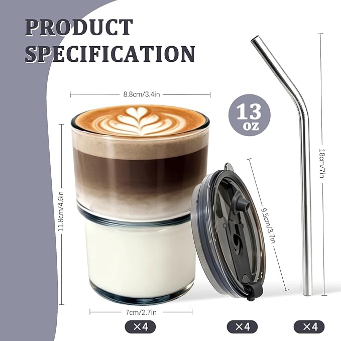 4 Packs Glass Tumbler with Lid and Straw Ice Coffee Cup Kitchen Gadgets Seller Apartment Essentials New Home Must Haves Things Stuff Accessories House Warming Housewarming Hostess Host First Gift